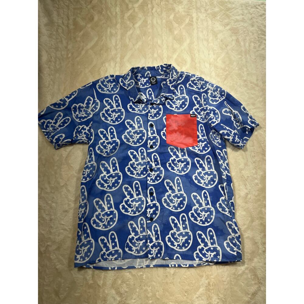 Neff Mens Medium Button Up Shirt Blue Peace Sign Stars Print 100% Cotton